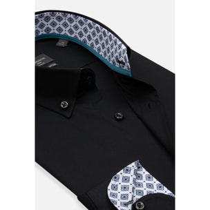 camicia uomo 1 bottone button down slim Popeline Stretch Unito Nero