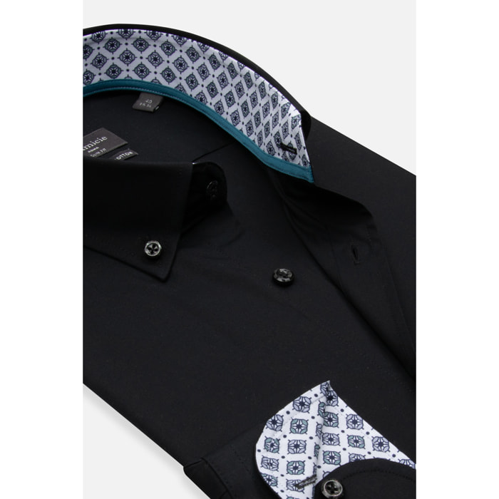 camicia uomo 1 bottone button down slim Popeline Stretch Unito Nero