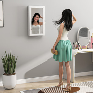 Espejo Joyero de Pared Armario para Joyas con Cerradura y Varios Compartimentos Montar en Pared o Puerta para Pendiente Collar Anillo Pulsera Blanco y Forro Crema