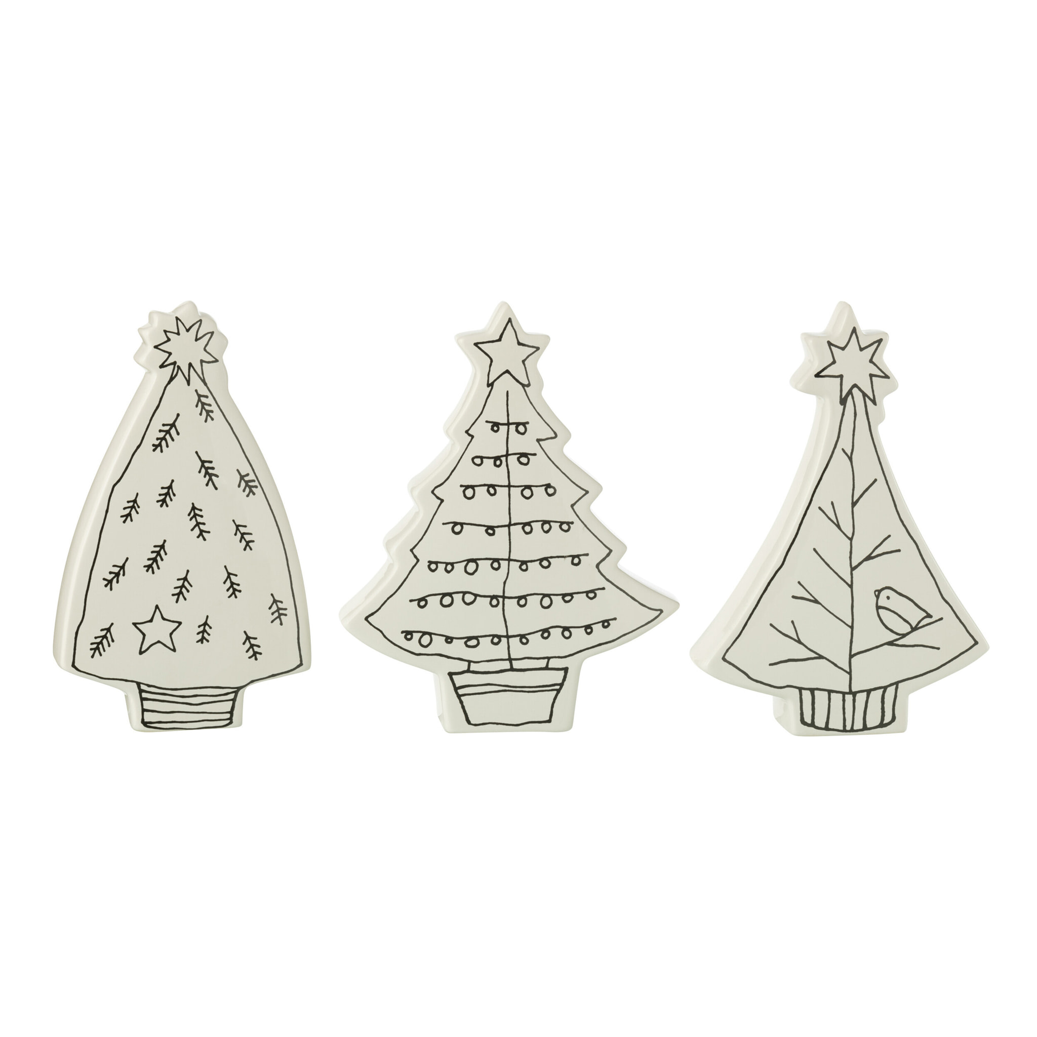 J-Line décoration Sapin de Noël Dolomie - céramique - blanc/noir - 3 pcs