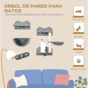 Estante de Escalada para Gatos de Pared Juego de Estantes para Gatos 4 Piezas con Hamaca Nido Rascador Plataformas para Saltar y Poste de Sisal Gris