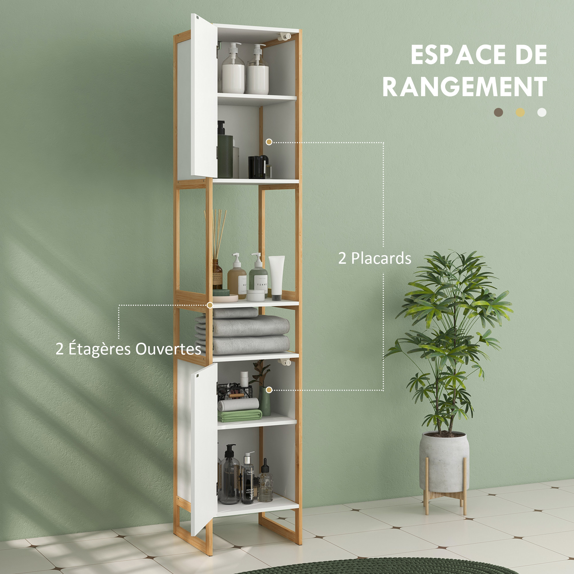 Meuble colonne salle de bain 2 niches 2 portes étagère dim. 33L x 33l x 170H cm bambou blanc