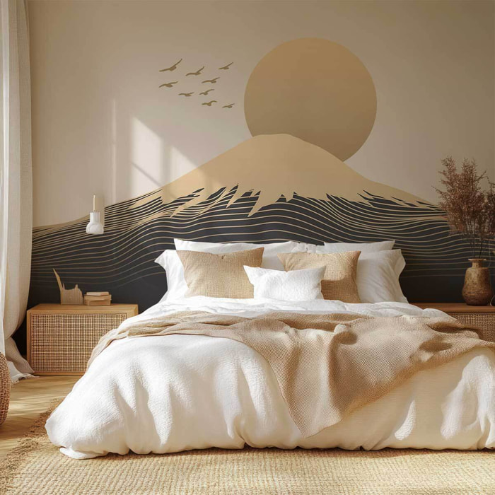 Papier peint paysage graphique montagne soleil minimaliste Intissé