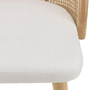 AGATHE - Chaise bois d'Hévéa assise tissu blanc dossier arrondi rotin