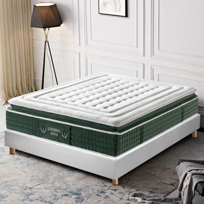 Ensemble Matelas Emeraude ressorts et mémoire de forme avec son sommier Cancun en similicuir blanc