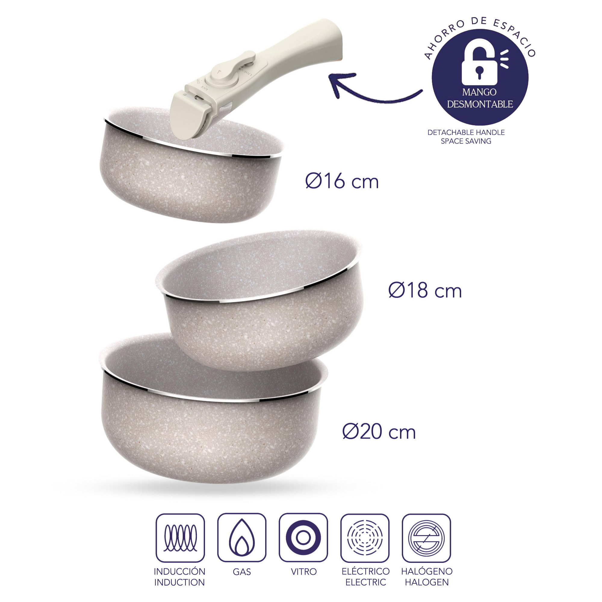 Juego de 5 pcs: 2 Sartenes Ø24Ø28cm y 3 Cacerolas Ø16Ø18Ø20cm en aluminio prensado con revestimiento ILAG con 2 mangos extraibles