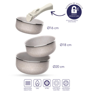 Juego de 5 pcs: 2 Sartenes Ø24Ø28cm y 3 Cacerolas Ø16Ø18Ø20cm en aluminio prensado con revestimiento ILAG con 2 mangos extraibles