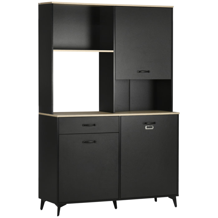 Buffet haut design industriel multi-rangement - 3 portes avec étagère, tiroir, niche, grand plateau - piètement métal noir aspect chêne clair