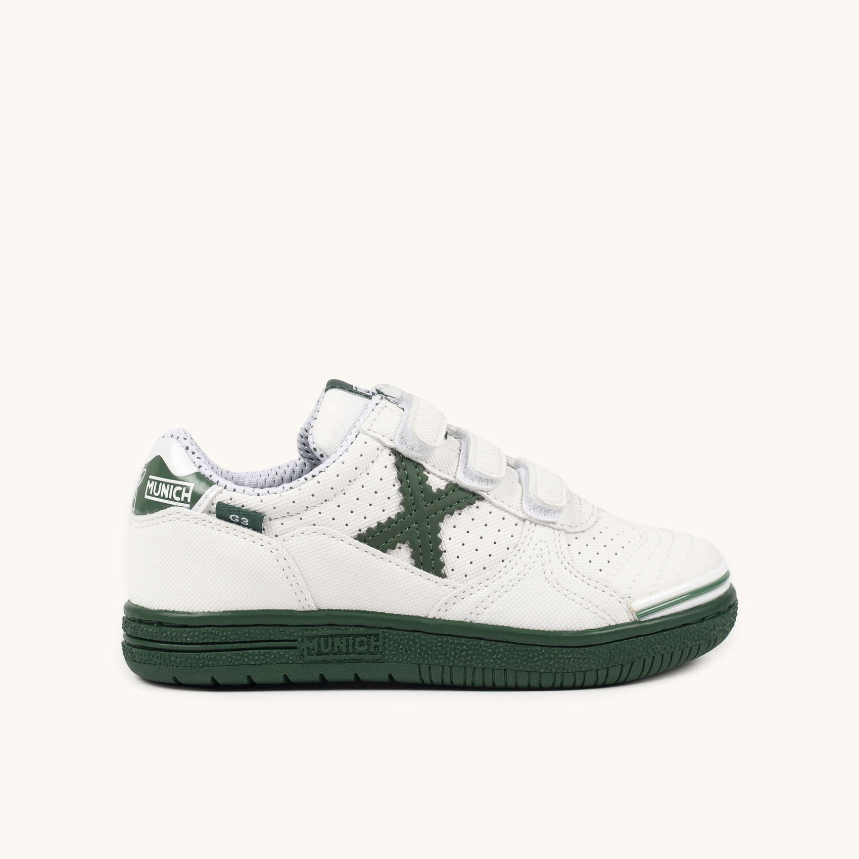 Zapatillas de Fútbol Sala Infantiles con Velcro Blancas y Verdes MUNICH G-3 KID VCO 450