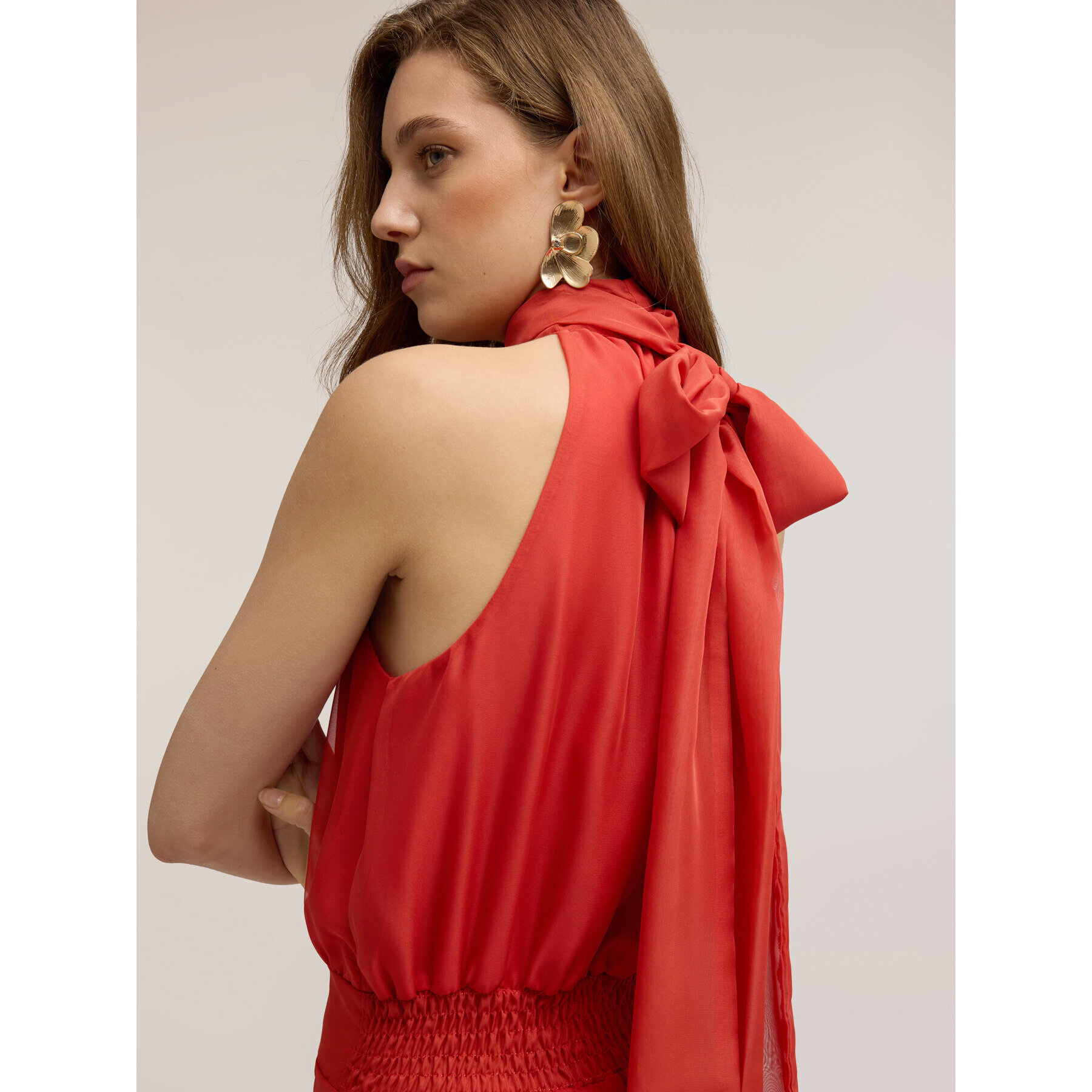 Motivi - Vestido largo en voile con escote halter - Rojo