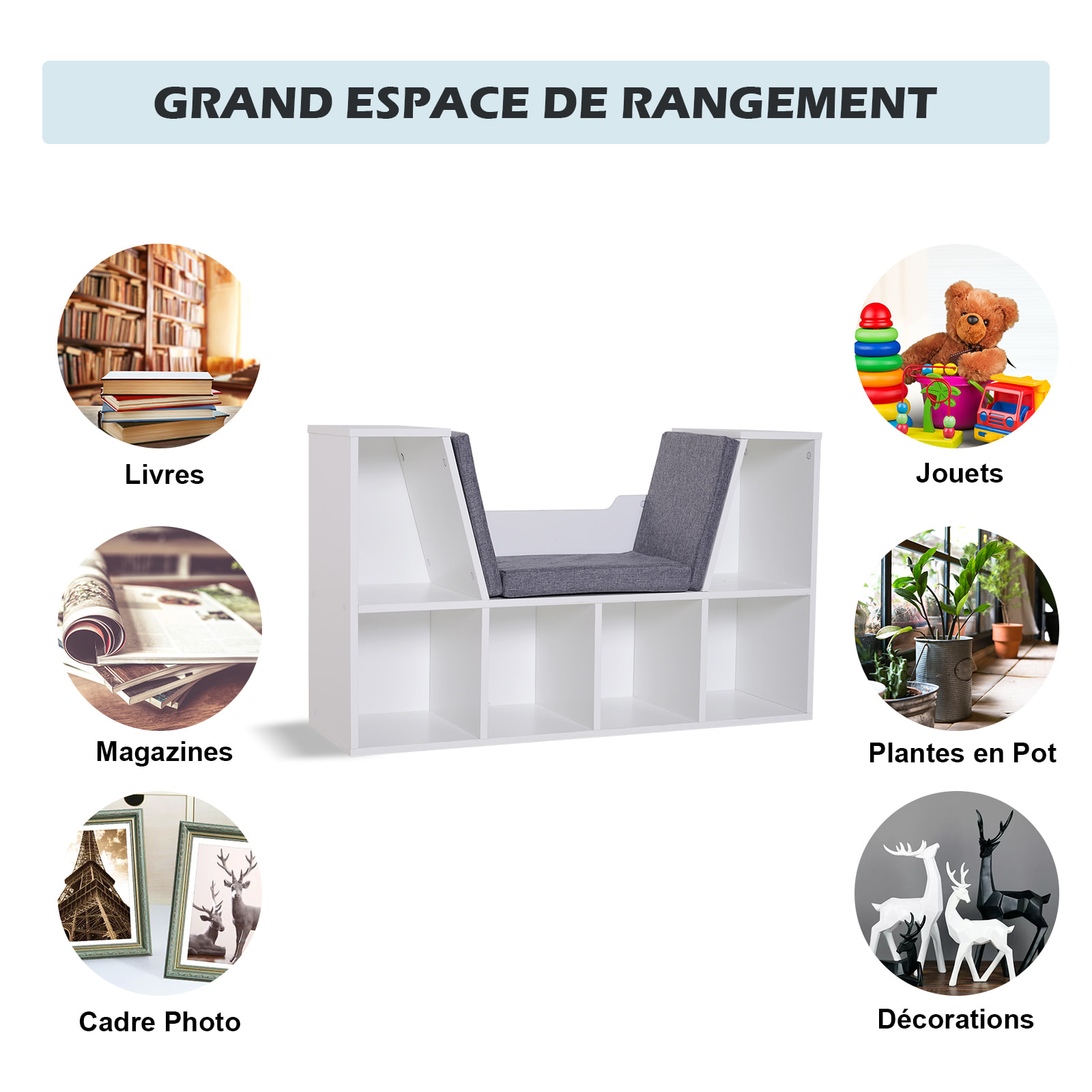 Bibliothèque banc 2 en 1 design contemporain 6 casiers 3 coussins fournis 102L x 30l x 61H cm blanc gris chiné