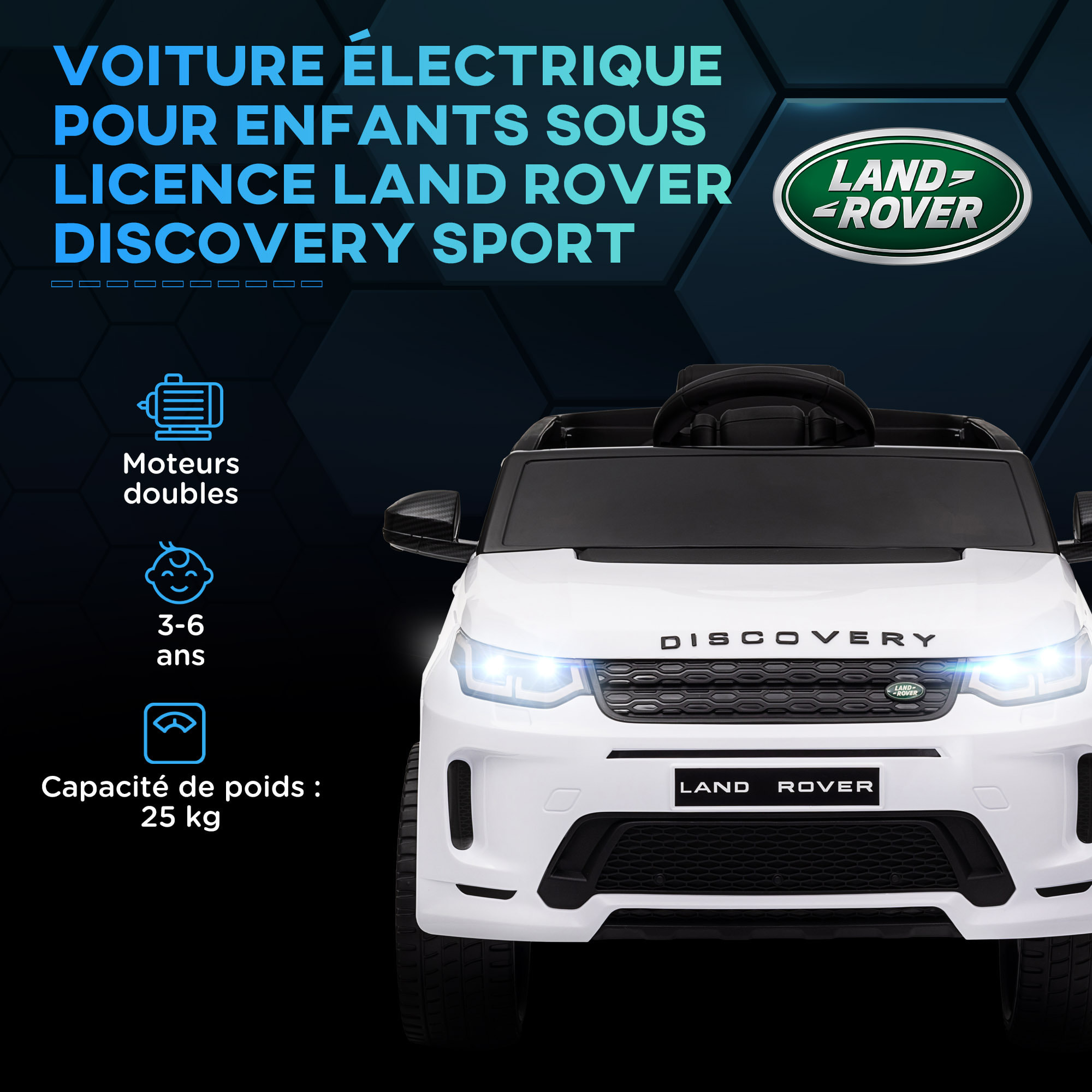 Voiture électrique enfant licence officielle Land Rover Discovery Sport - 12V, 5Km/h max. - nombreux effets - télécommande - blanc