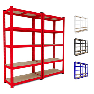 Set di 2 Scaffali In Metallo e MDF - Alta Portata Fino a 875 kg - 5 Ripiani Per Garage Officina Cantina Magazzino - Modulare - Rosso - 180x90x40 cm