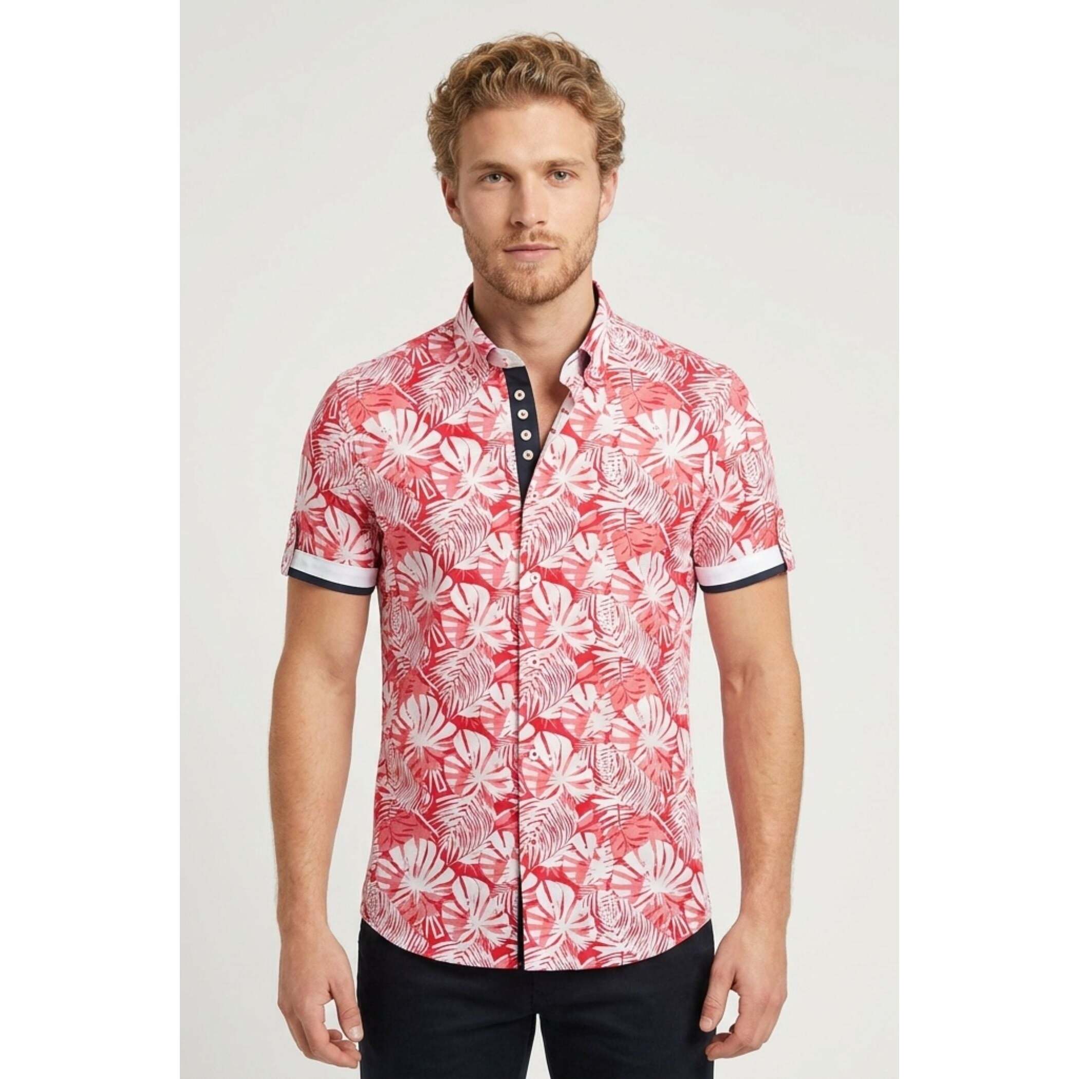 Camicia Uomo Manica Corta 2 Bottoni Button Down 7 Botto Popeline Stretch Stampato Bianco e Rosso