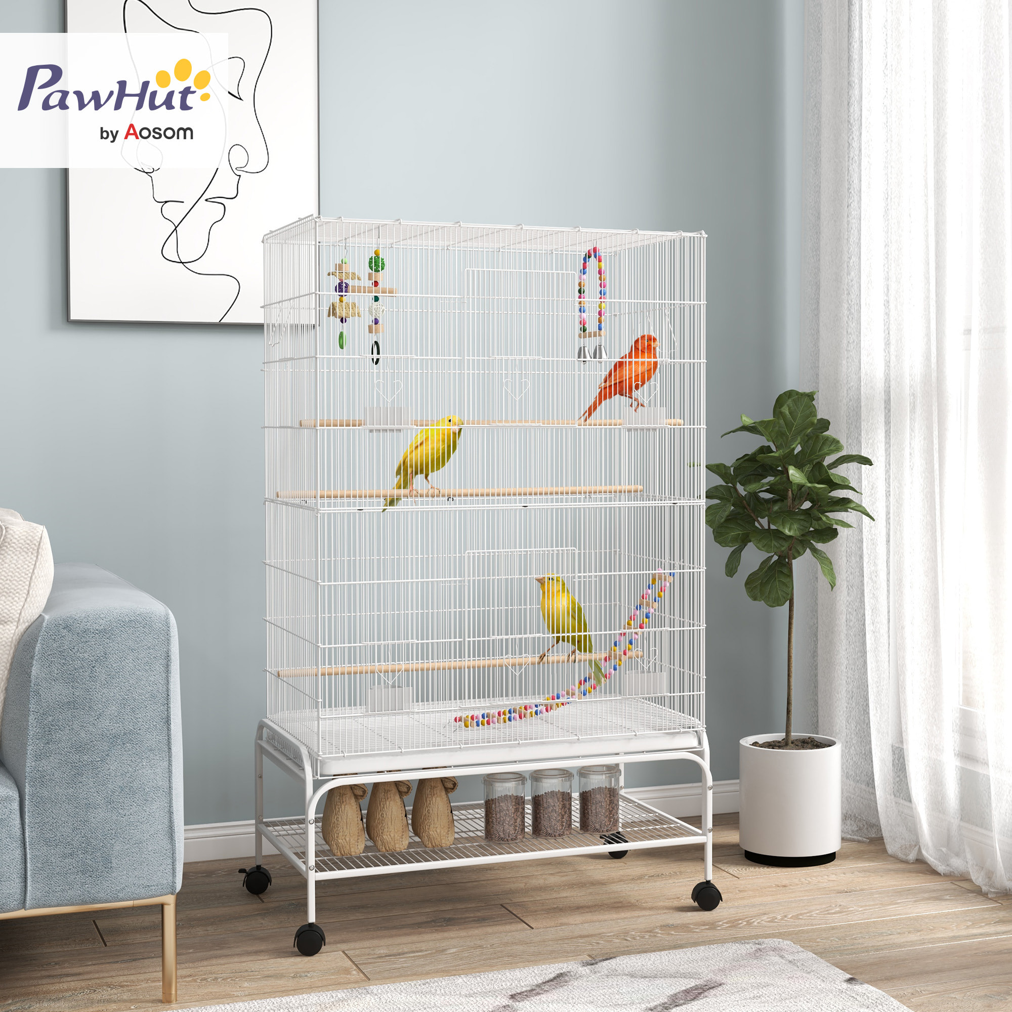 Cage à oiseaux sur roulettes - étagère, plateau déjection, 3 perchoirs, 4 mangeoirs, 2 portes, 8 trappes, accessoires - acier blanc
