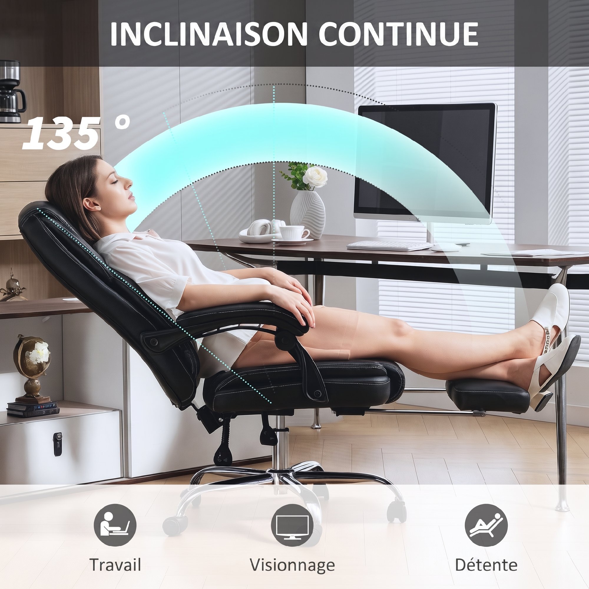 Fauteuil de bureau manager inclinable repose-pieds rétractable synthétique noir