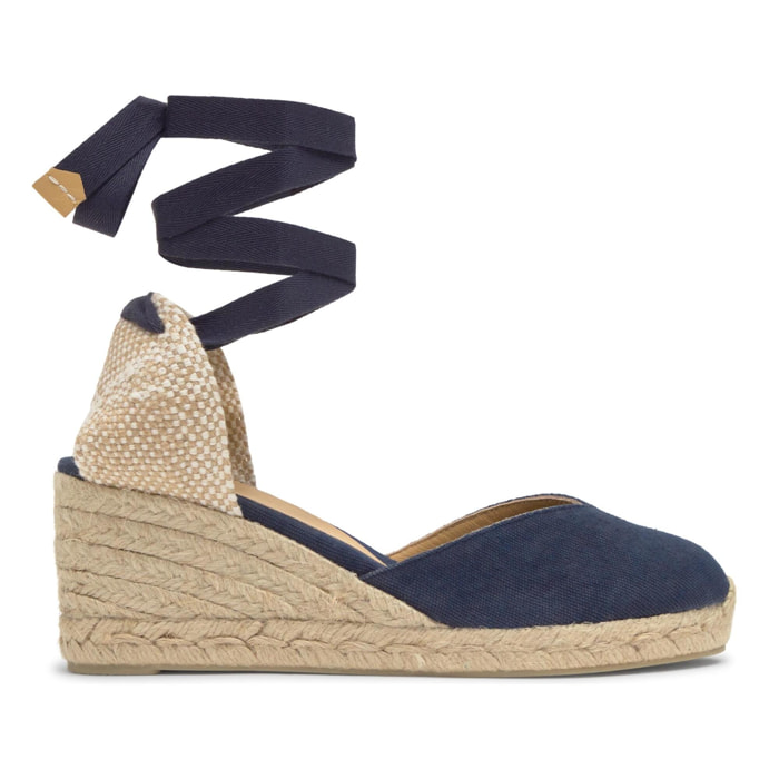 Alpargata con cuña 7 cm en lona de algodón con pala en v y cintas al tobillo