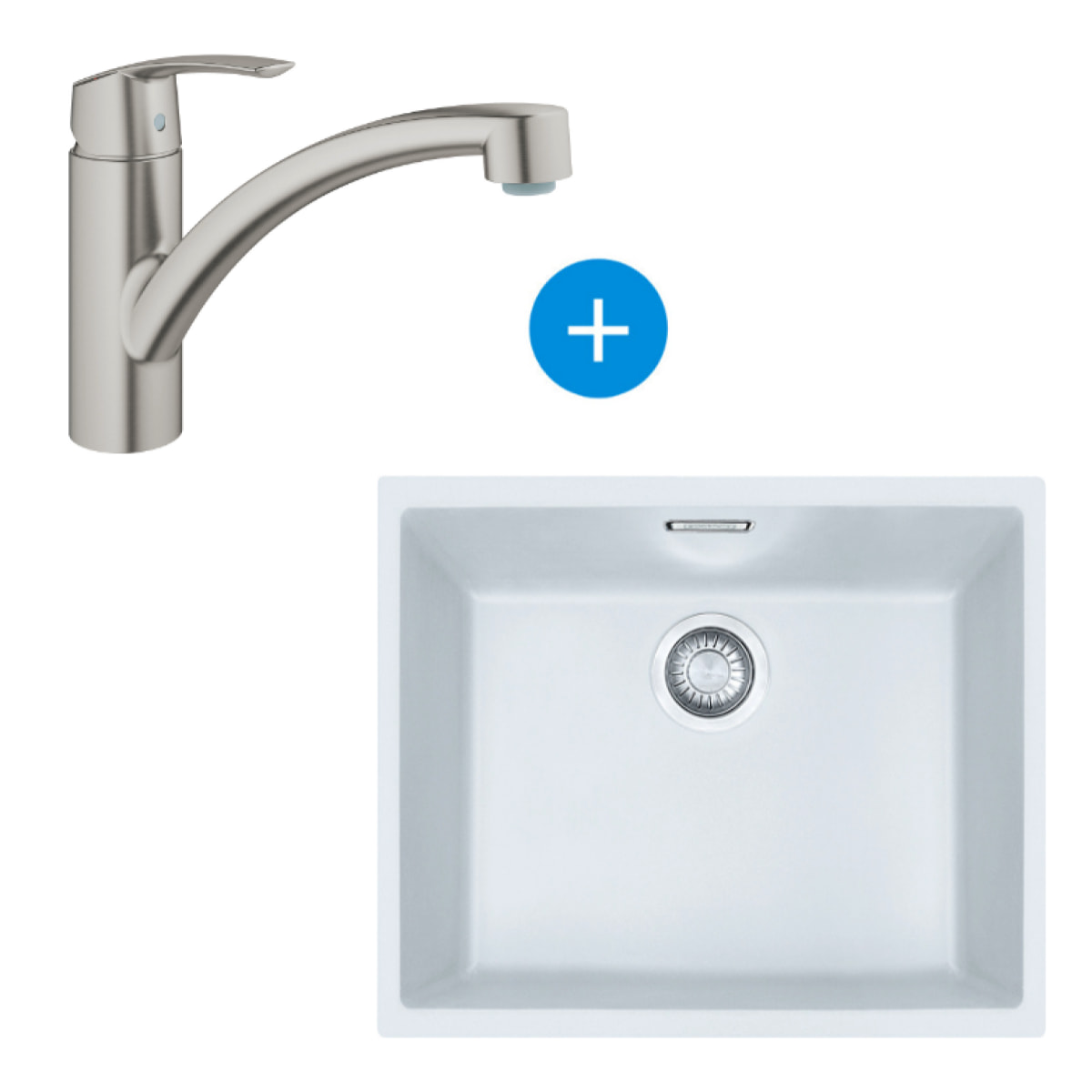 Set Sirius Evier sous plan 52.5x44cm Tectonite®, Blanc Artic + Mitigeur Grohe Monocommande SuperSteel (SID110-50B-DC1)