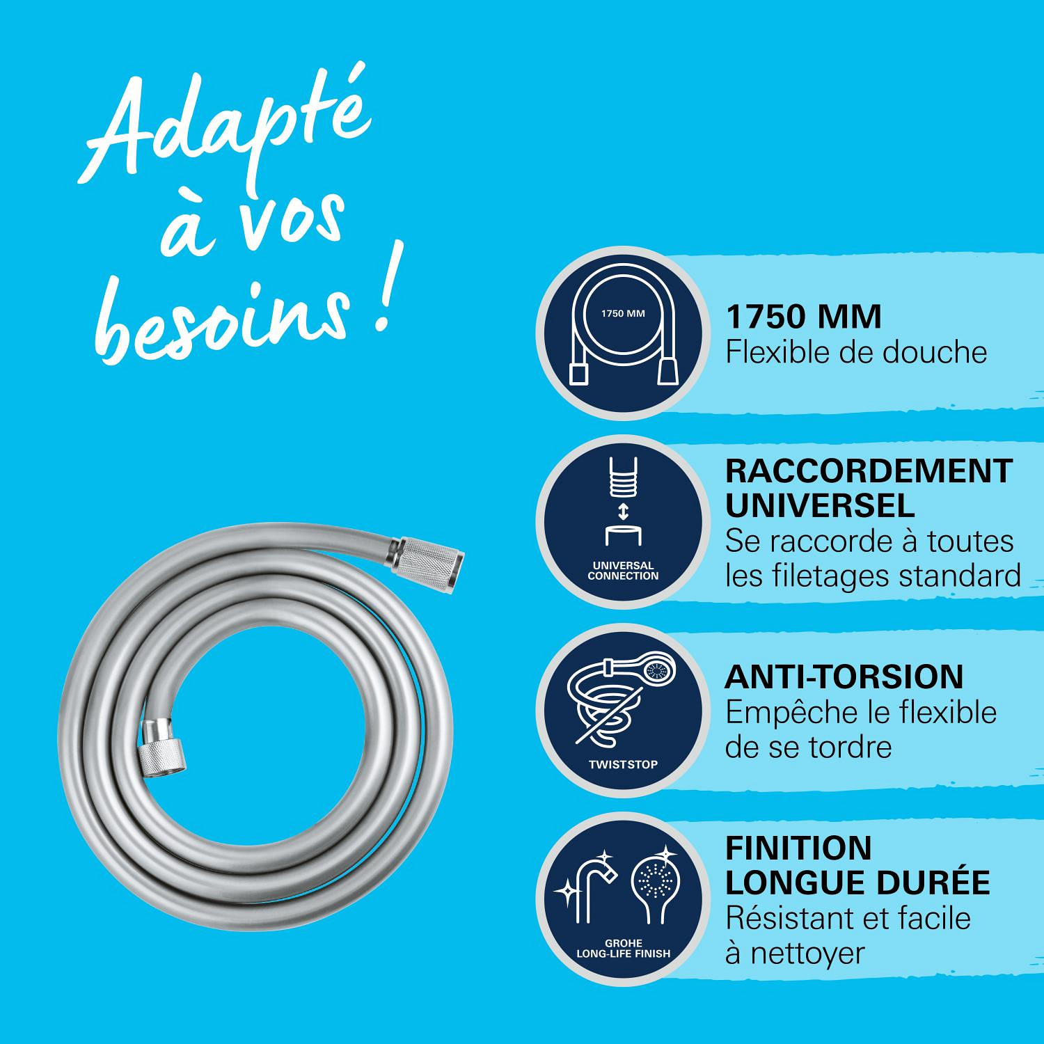 Flexible de douche 1,75m chromé, anti-pliures, surface lisse