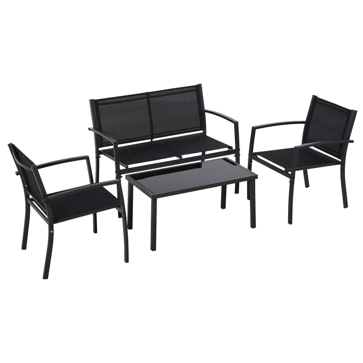 Adelaide - Salottino da giardino di design con divanetto + 2 poltrone + tavolino da caffÃ¨ con ripiano in vetro. Set lounge da esterno 4 pezzi in metallo e textilene. Nero