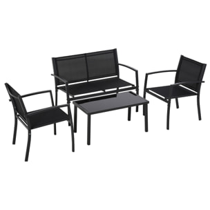 Adelaide - Salottino da giardino di design con divanetto + 2 poltrone + tavolino da caffÃ¨ con ripiano in vetro. Set lounge da esterno 4 pezzi in metallo e textilene. Nero