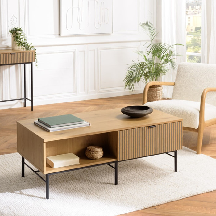 SCOTT - Table basse 2 tiroirs décor effet bois rainuré noir/naturel