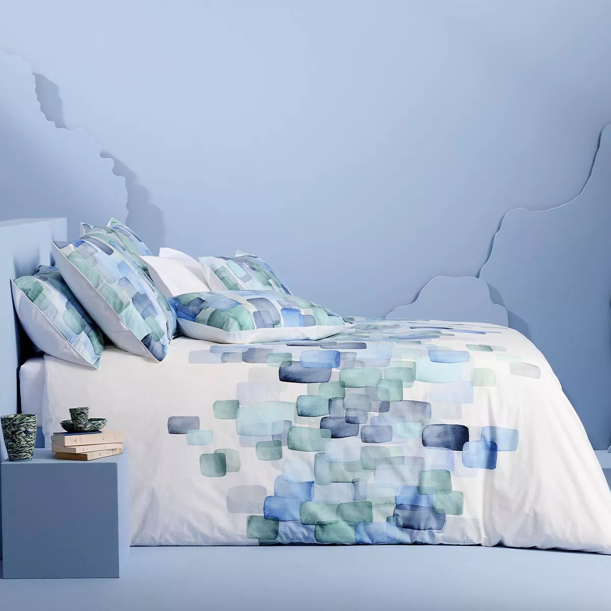 Lot h.couette +taies percale de coton 115 g/m² imprimé bleu vert Ondine mineral