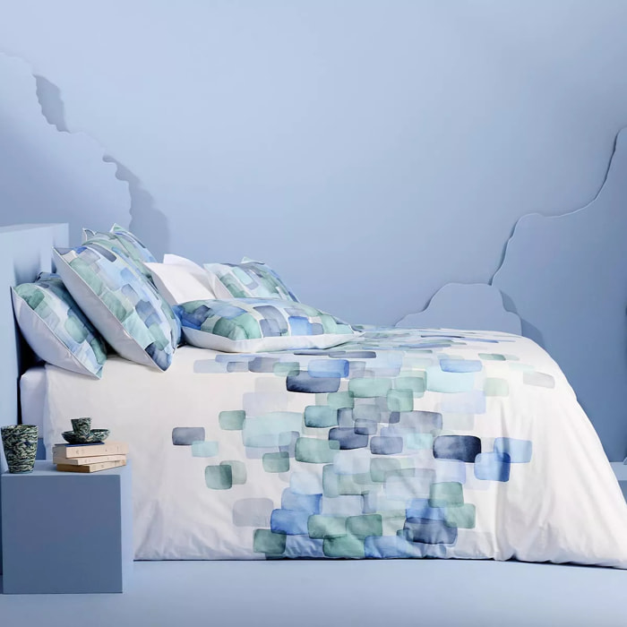 Lot h.couette +taies percale de coton 115 g/m² imprimé bleu vert Ondine mineral