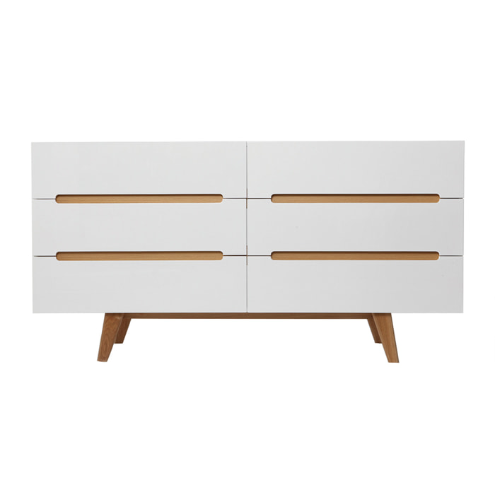 Commode scandinave finition blanc laqué brillant 6 tiroirs L160 cm MELKA