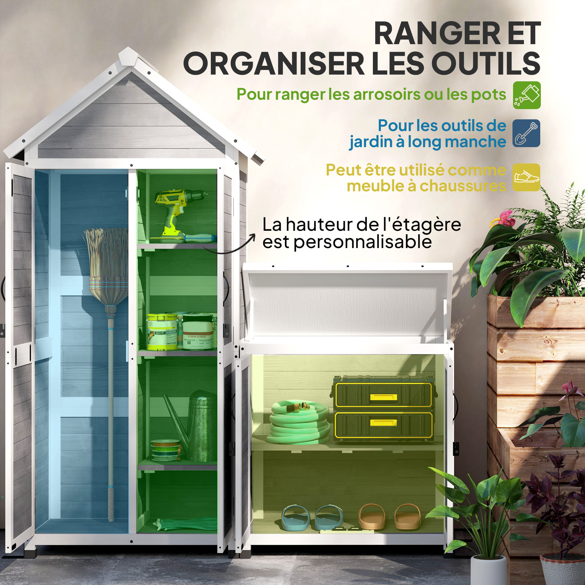 Ensemble armoire de jardin avec coffre extérieur assorti - 2 + 2 portes - 3 + 1 étagères - toit bitumé noir bois gris blanc