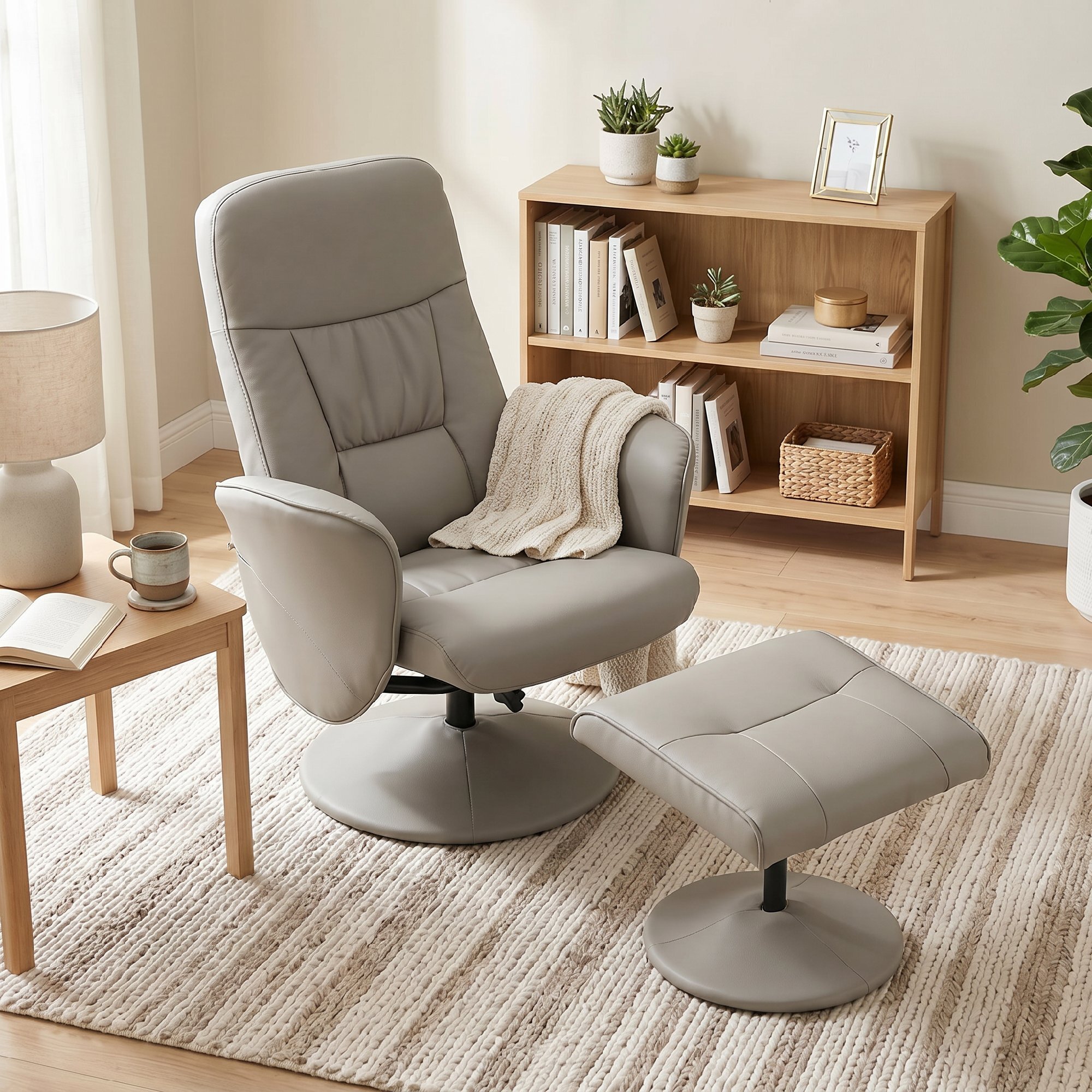 Sillón Relax Reclinable con Reposapiés, Sillón Relax de Cuero Sintético con Respaldo Alto, Giratorio 360°, Reposabrazos, para Salón, Dormitorio, Beige Gris