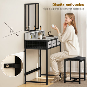 Tocador de Maquillaje con Espejo Tríptico Desmontable, Tocador con Taburete, 3 Cajones de Tela, Estantes, Soporte para Secador de Pelo, Cesta Metálica, para Dormitorio, Vestidor, Gris