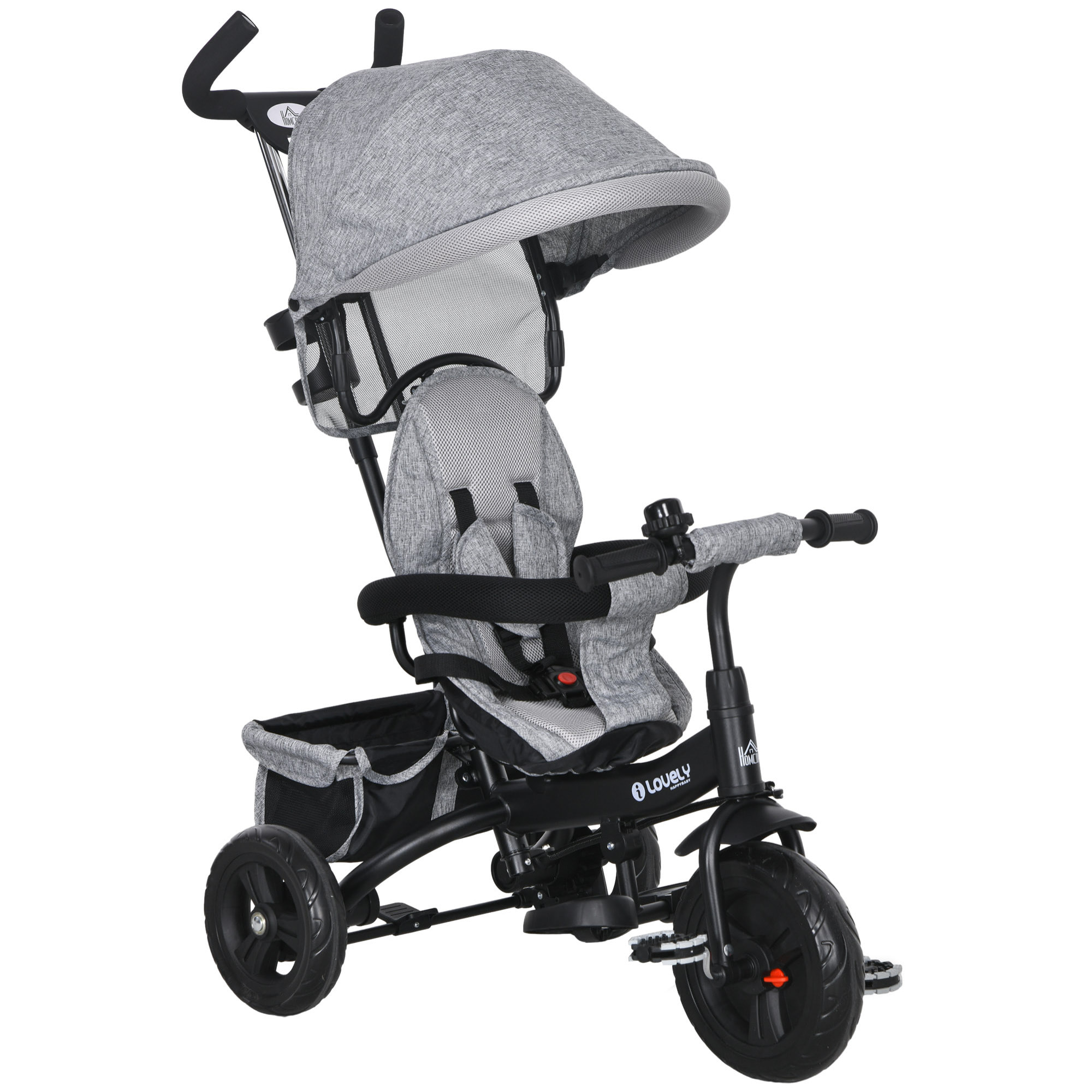 Triciclo Evolutivo para Bebés 6 en 1 Triciclo para Niños de 1-5 Años Bicicleta para Niños con Toldo Plegable Mango Telescópico Desmontable Cinturón de Seguridad y Cesto 95x50x106 cm Gris