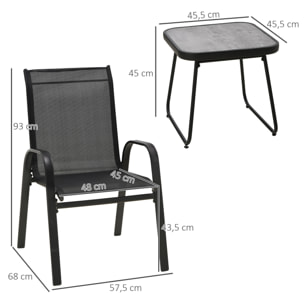 Conjunto de Muebles de Jardín 3 Piezas Muebles Exterior Incluye 2 Sillones Apilables con Tela de Malla Transpirable y Mesa de Centro con Tablero SPC Negro