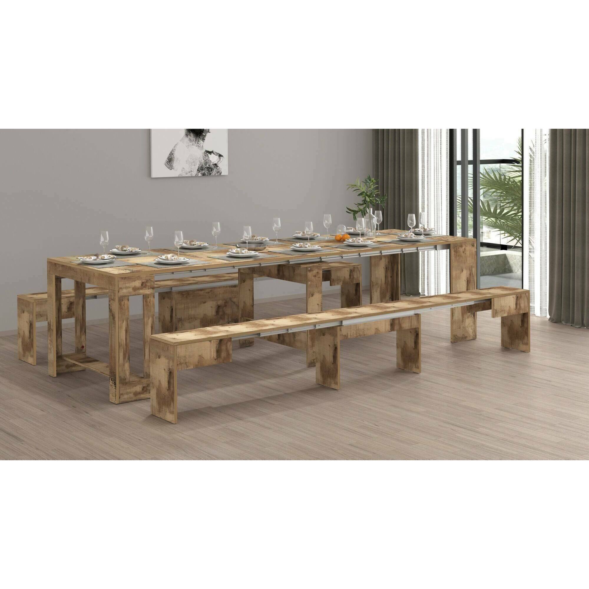 Set tavolo e sedie Dadamoni, Composizione multiuso, Set con consolle e 2 panche allungabili, 100% Made in Italy, 66x25h45 cm, Acero