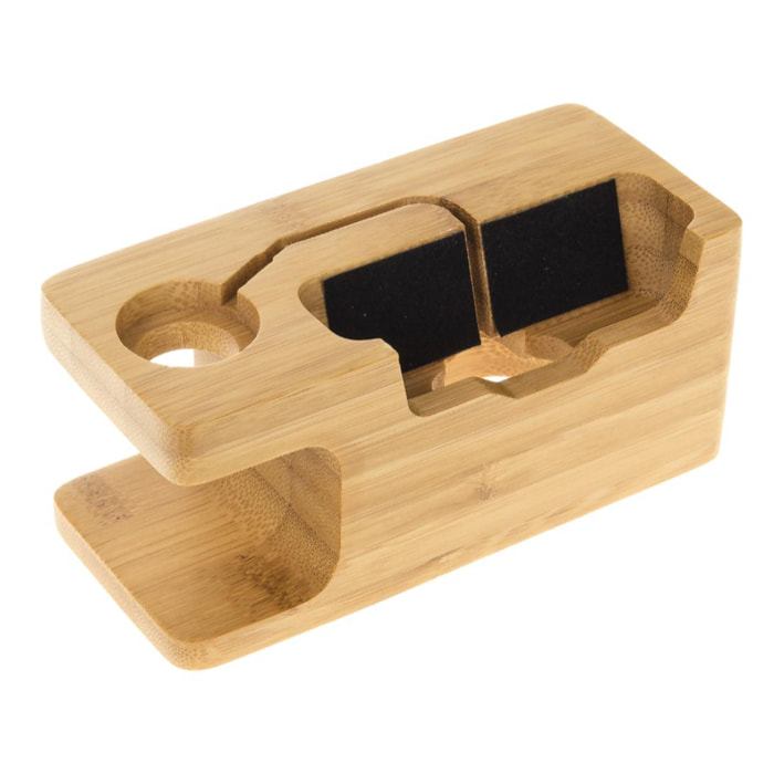 Soporte de madera para smartphone y iWatch, con organizador de cables.