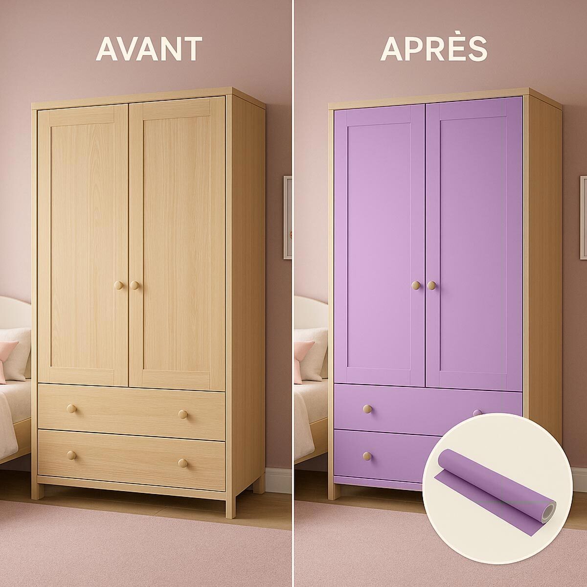 Rouleau adhésif décoratif Vinyle au Mètre - Lilas - Sticker Lavable Imperméable Mur Cuisine Meubles