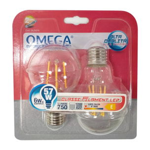 OMEGA Set 6 pezzi filament led goccia a60 6w 720lm 3000k e27