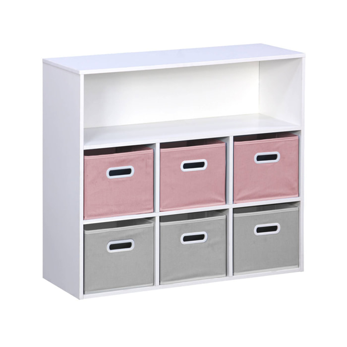 Meuble de rangement pour enfant avec 7 compartiments et 3 paniers roses et 3 paniers grisvelours