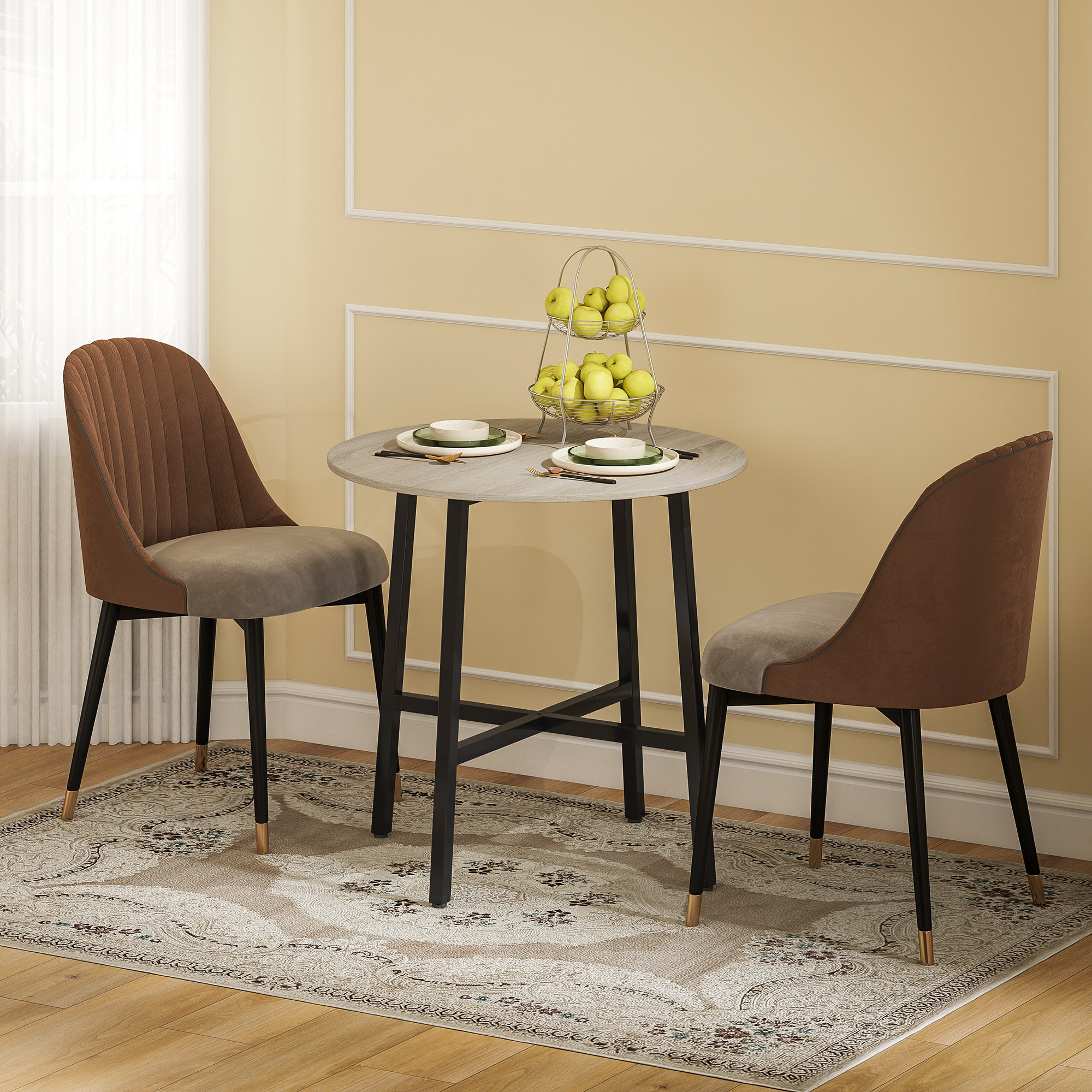 Table ronde dia. 80 cm style industriel piètement acier noir plateau aspect bois clair