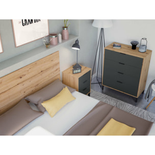 Comodino Allan, Set camera da letto, Testiera letto e 2 Comodini a 3 cassetti, 160x2 cm, Rovere effetto nodi e Antracite