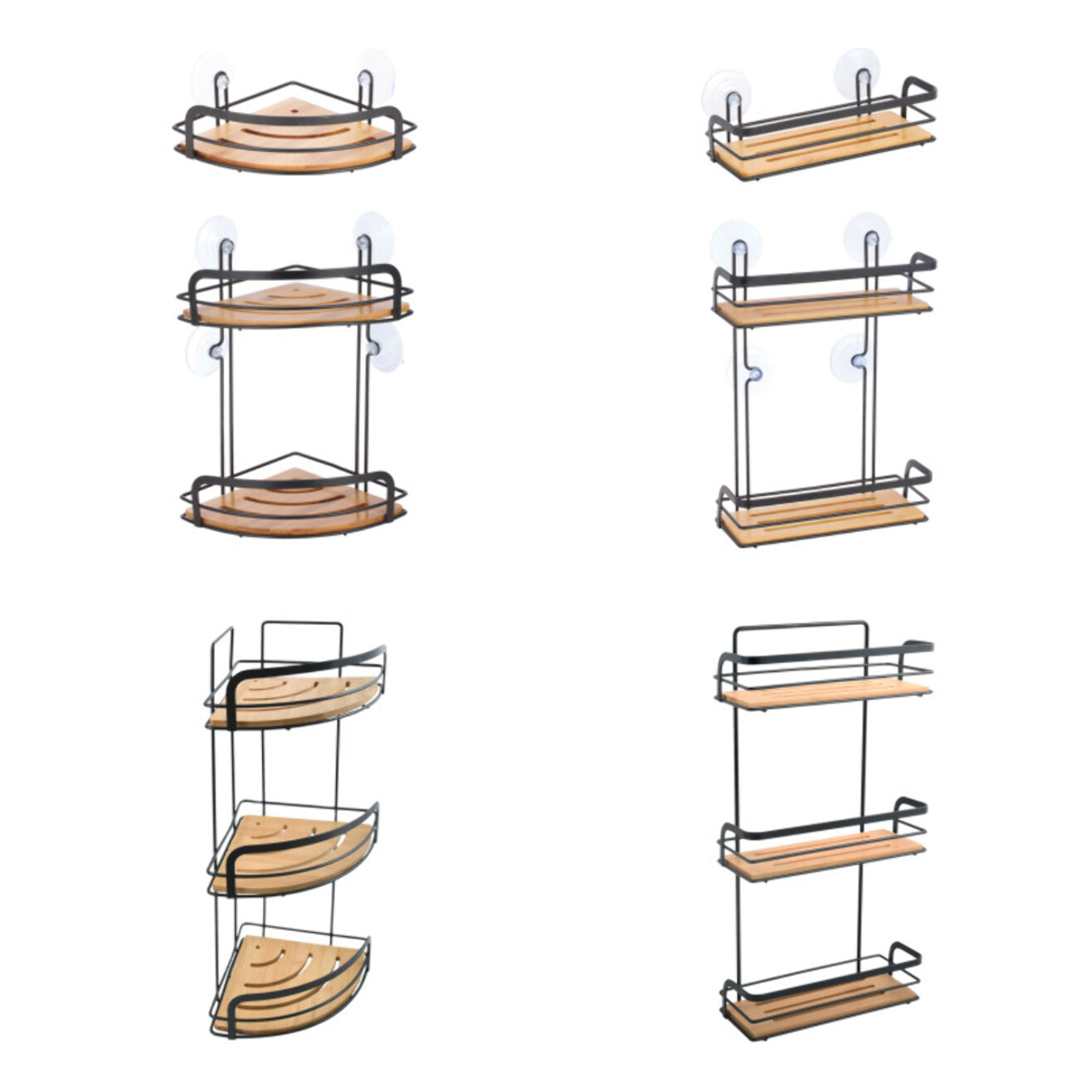 Etagère d'angle de douche à  ventouses HIKO Bambou & Acier Noir MSV