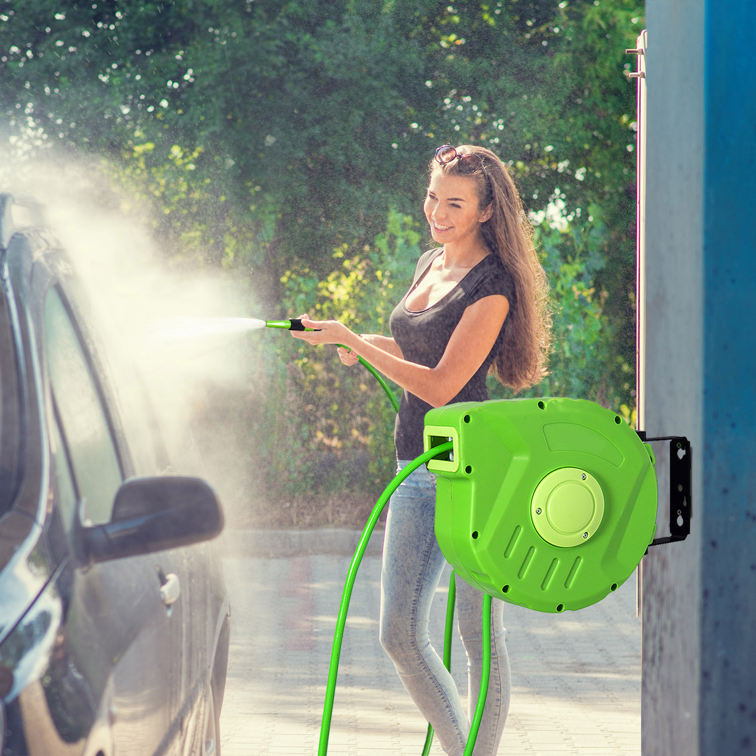 Carrete para Manguera Soporte Mural Portamanguera 10m Roll-up Automá¡tico Jardín