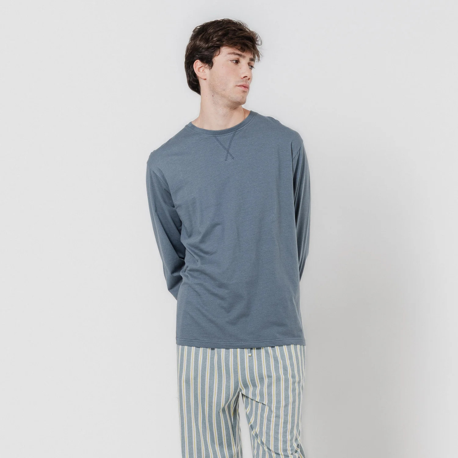 Pigiama lungo in cotone schon, blu-grigio