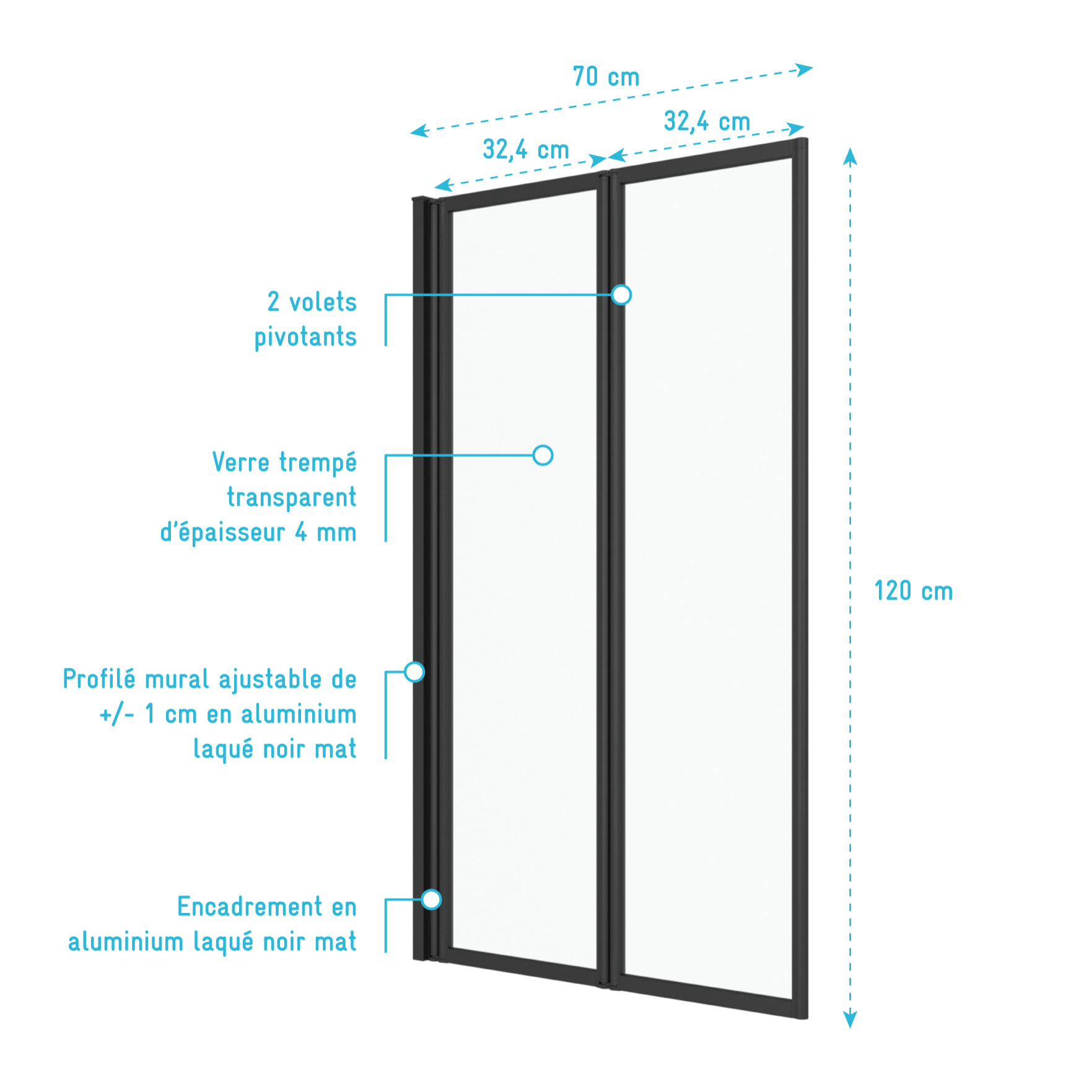 Pare baignoire Pivotant 70x120cm - 2 Volets Noir Mat - Verre Trempé 4mm - DUPLO