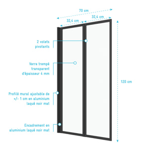 Pare baignoire Pivotant 70x120cm - 2 Volets Noir Mat - Verre Trempé 4mm - DUPLO
