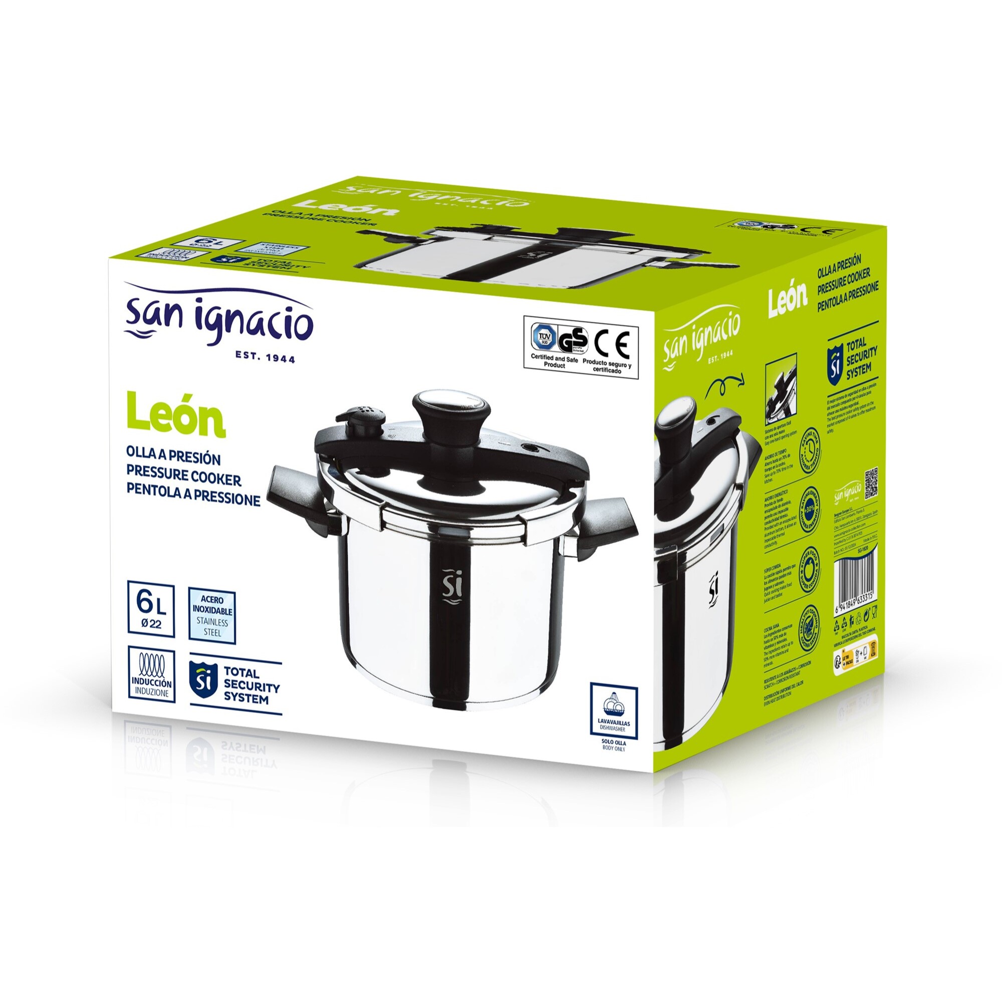 Olla a presión de ø22cm 6l en acero inoxidable leon san ignacio