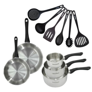 Set 2 poêles, 3 casseroles en inox et 6 ustensiles RPET Fackelmann Geneva
