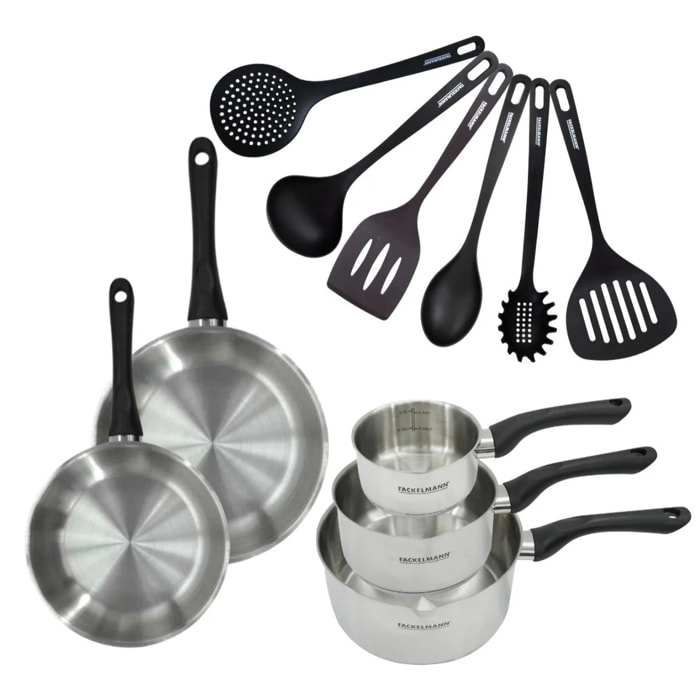 Set 2 poêles, 3 casseroles en inox et 6 ustensiles RPET Fackelmann Geneva