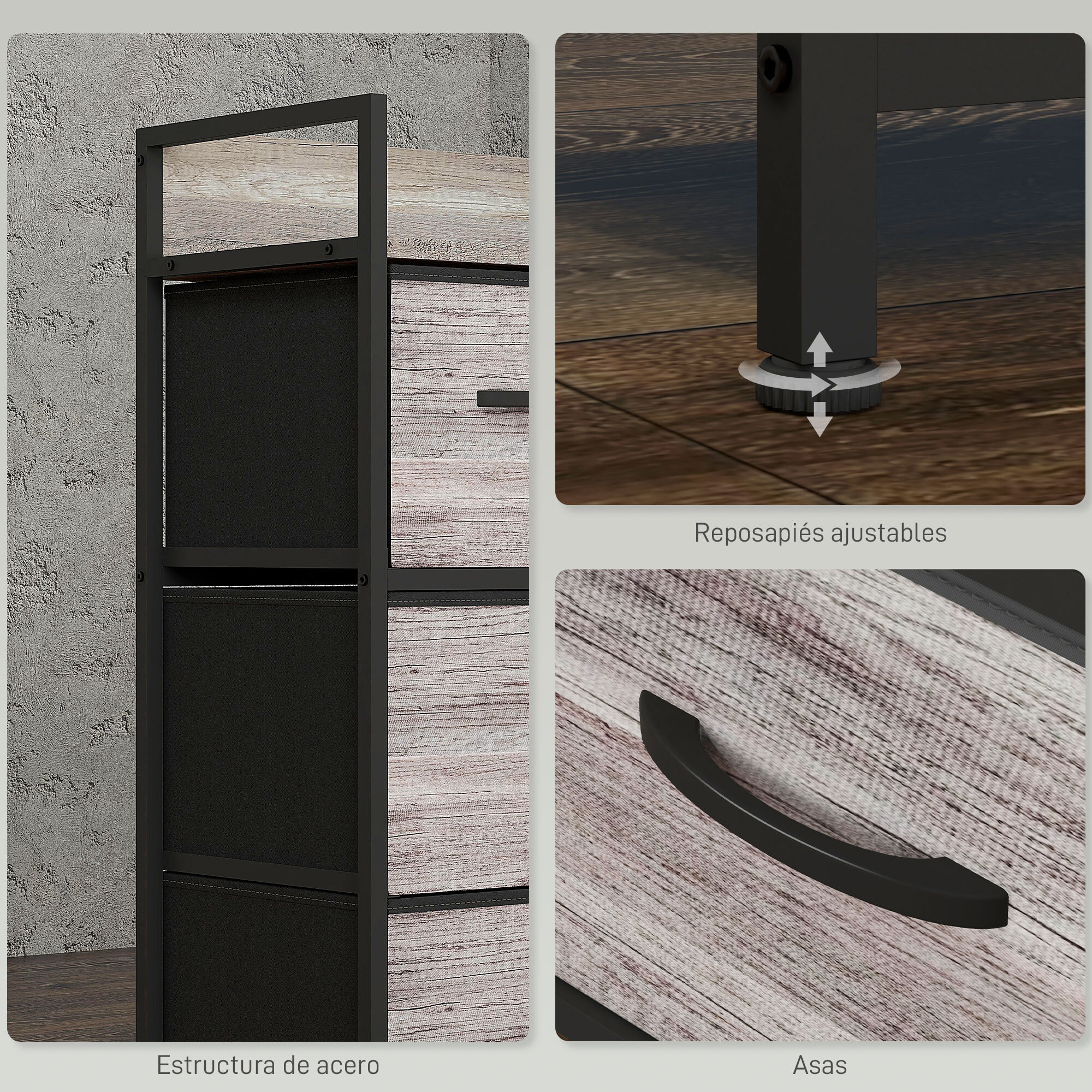 Cómoda con 4 Cajones de Tela Plegables, Cómoda para Dormitorio Industrial con Estante Abierto, Marco de Acero, Cajonera para Espacios Pequeños, Sala de Estar, Vestidor, Baño, Gris